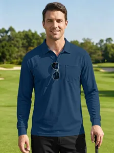 Navyblauw heren poloshirt met lange mouwen van mesh stof en borstzak voor outdoor casual