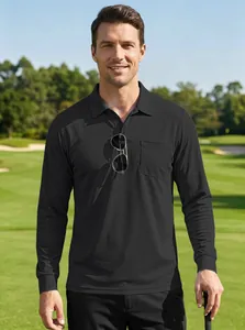 Klassiek zwart heren poloshirt met lange mouwen en borstzak voor buiten golfen