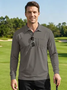 Herengrijs poloshirt met lange mouwen van mesh met zak voor casual buitensporten