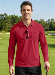 Klassieke heren sport polo met lange mouwen in rood mesh materiaal met borstzak