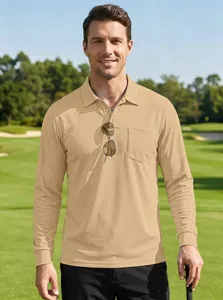 Heren polo met lange mouwen van mesh in beige met borstzak voor buiten sport