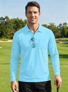 Lichtblauw heren poloshirt met lange mouwen van mesh met borstzak en knoopsluiting