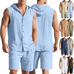 Completo estivo da uomo in lino 2 pezzi con camicia con cappuccio senza maniche