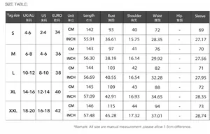Guide des tailles détaillé pour robe longue à manches longues femme en unités CM et INCH