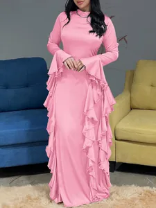 Robe longue élégante rose à manches longues et volants pour femme en automne-hiver