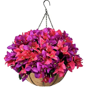 Vibrant artificial bougainvillea in a hanging coconut liner basket for garden decor.