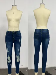 Blaue High-Waist-Skinny-Jeans für Damen mit Destroyed-Details in Vorder- und Rückansicht.