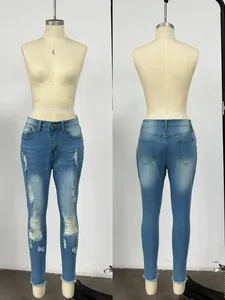 Vorder- und Rückansicht einer blauen, elastischen High-Waist-Skinny-Jeans mit Rissen.