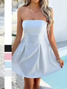 Women Strapless Mini Dress Polyester Backless Large Bow Pleated A-Line Party Vacation Sexy Elegant Evening Wear