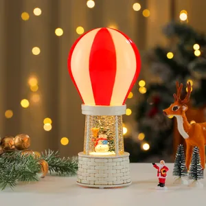 Christmas hot air balloon snow globe music box night light with red and white stripes