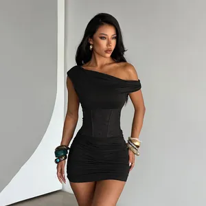 Sexy black one-shoulder bodycon mini dress with lace waist cincher for women.
