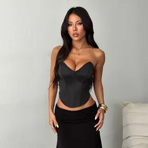 Top Corset En Satin Bustier Sans Bretelles Coupe Ajustée Avec Baleines Dos Nu Party Streetwear Débardeur Sexy Pour Femmes