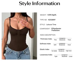 Detail view of brown Y2K sexy cami bodysuit with material and index information