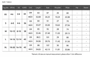 Detailed size chart for elegant solid color short dress in CM and INCH, XS-XL.