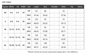 Guida alle taglie dettagliata per abito da sera, con misure in CM e pollici (XS a XL)