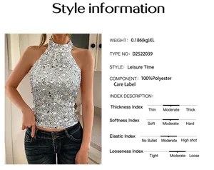 Cuadro de información detallada para top halter de lentejuelas plateadas y material