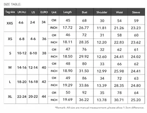 Guide des tailles détaillé pour haut à manches longues col en V pour femme en CM et INCH