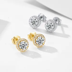 S925 sterling silver round halo stud earrings with brilliant cubic zirconia accents