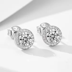 Luxury S925 sterling silver round halo stud earrings with brilliant sparkling zircon