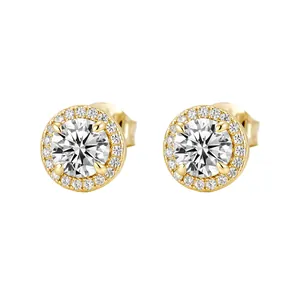 S925 sterling silver hip hop round halo stud earrings with brilliant cubic zirconia
