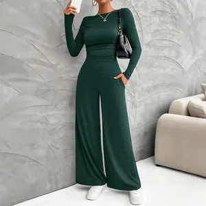 Elegant dark green Y2K set with slim long sleeve top and matching wide leg pants