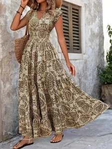 Elegant vintage print V-neck tiered maxi dress with short sleeves for stylish summer wear