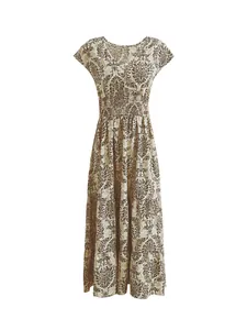 Elegant vintage floral print V-neck maxi dress with smocked waist and cap sleeves