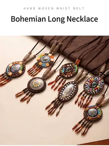 Handmade bohemian ethnic long necklaces with tassel pendants and intricate beadwork