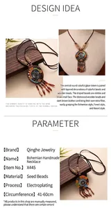 Detailed view of vintage Bohemian necklace showing ethnic pendant and parameter chart