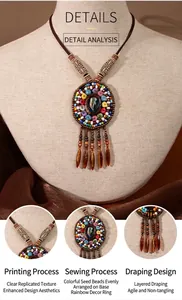 Detailed macro shots of a bohemian vintage long necklace with colorful beads and resin fringe