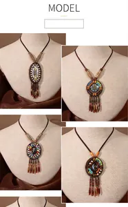 Macro view of bohemian necklaces featuring colorful beads and fringe tassels on mannequins