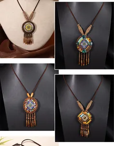 Detailed grid view showcasing various vintage Bohemian long necklaces with ethnic tassels