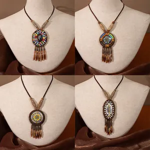 Handmade retro bohemian long tassel pendant necklaces with ethnic bead work details