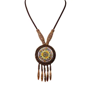 Retro Bohemian ethnic style long necklace with mandala pattern and tassel pendant