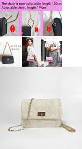 Detail view of a beige tweed crossbody bag with gold chain and flap closure