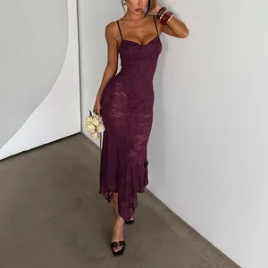 Elegant Lace Maxi Dress Sweetheart Neckline Spaghetti Strap Backless Slim Fit Asymmetric Hem Formal Party For Women