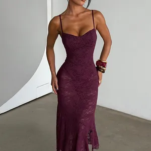 Elegant burgundy lace sleeveless bodycon maxi dress with fishtail hem