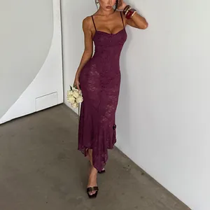 Elegant purple lace maxi dress featuring spaghetti straps and a sexy fishtail hemline