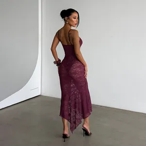 Elegant purple lace backless maxi dress with spaghetti straps and asymmetrical hem design.