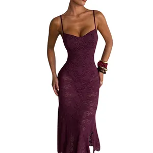 Elegant purple lace bodycon maxi dress with backless design and thin spaghetti straps.