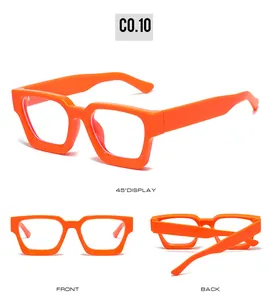 Multiple angles of bright orange retro square thick frame anti-blue light glasses.