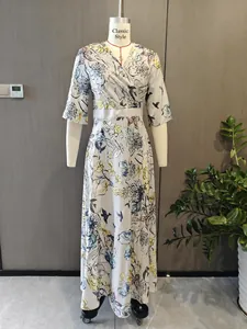 Elegant V-neck floral print maxi dress for women displayed on professional mannequin