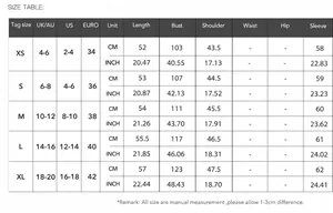 Detailed size chart for women's long sleeve jacket showing US, UK, EU measurements