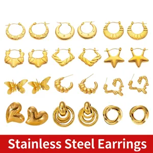 Detailed selection of gold-plated stainless steel hoop and stud earrings in various shapes.