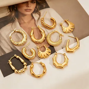 Set of chunky gold hoop earrings in various textured titanium steel designs for women