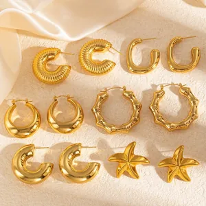 Set of luxury gold plated stainless steel hoop and starfish earrings on textured background