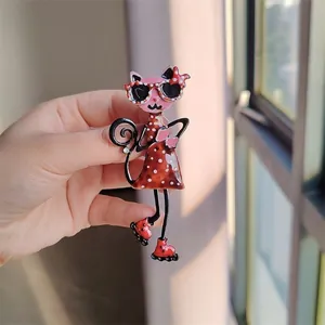 Cute pink polka dot enamel cat brooch featuring sunglasses and roller skates for women