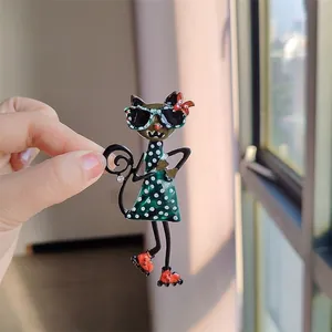 Cute Cartoon Cat Brooch Alloy Drip Oil Sunglasses Cat In Polka Dot Dress Pin Vintage Fashion Animal Jewelry For Women
