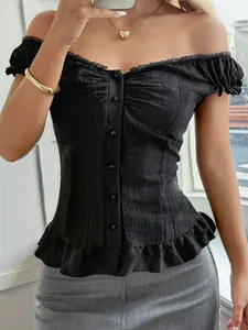 Chic Y2K black off-shoulder button-up shirt with elegant ruffled peplum hem design