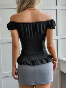 Detailed back view of a stylish black off-shoulder Y2K style ruffled top for women